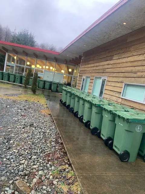 Green garbage cans arranged in a row outside a building, emphasizing proper waste management practices.